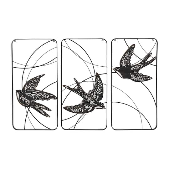 Black Bird with White Floral Patterns Open Frame Metal Wire Wall Décor Set